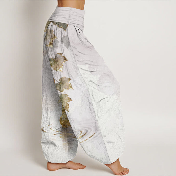 Buddha Stones Dames harembroek met elastische Taille en gouden pompoenbladpatroon - image 7