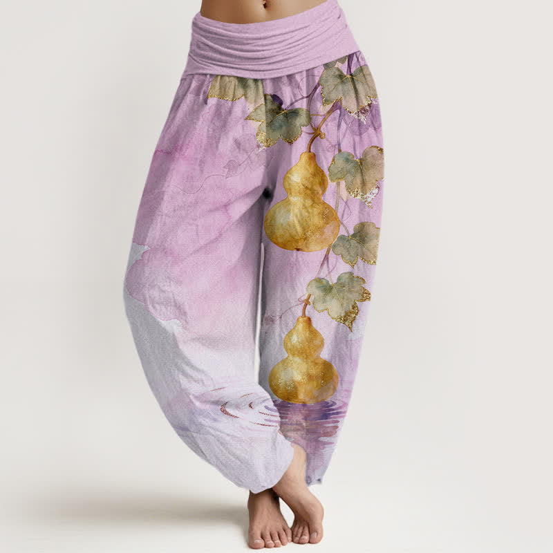 Buddha Stones Dames harembroek met elastische Taille en gouden pompoenbladpatroon - Pruim - US16, UK/AU20, EU48 (3XL) - image 8