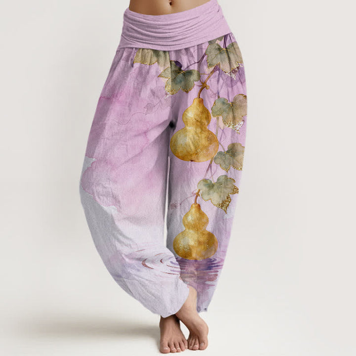 Buddha Stones Dames harembroek met elastische Taille en gouden pompoenbladpatroon - Pruim - US16, UK/AU20, EU48 (3XL) - image 8