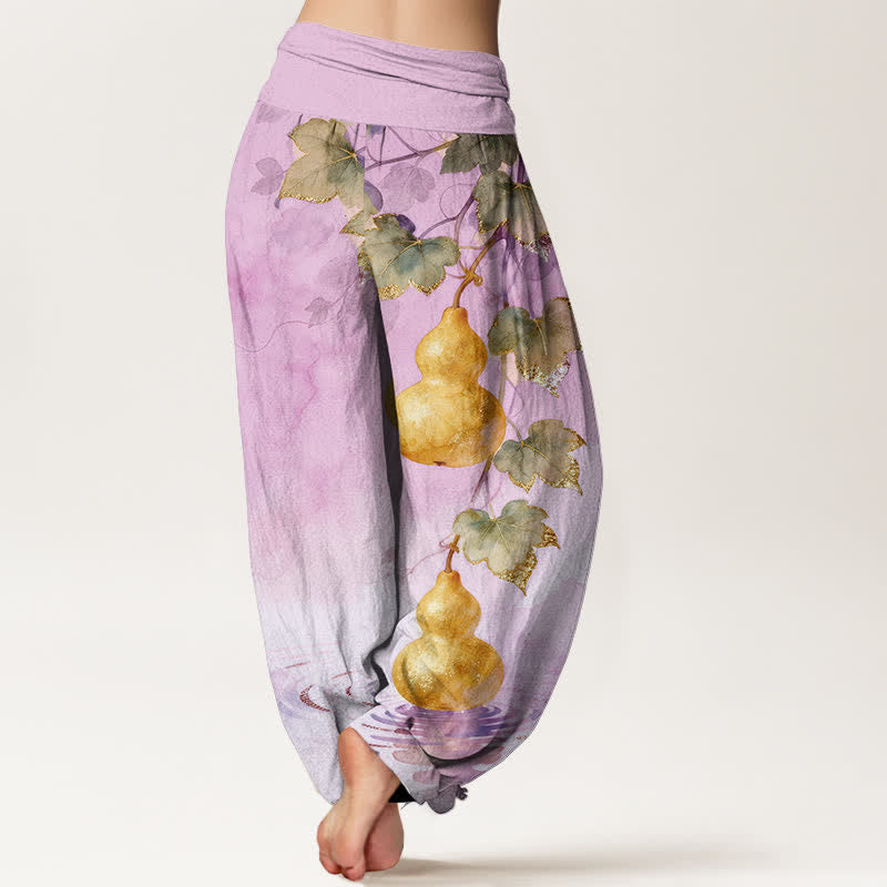 Buddha Stones Dames harembroek met elastische Taille en gouden pompoenbladpatroon - image 9
