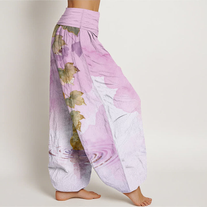 Buddha Stones Dames harembroek met elastische Taille en gouden pompoenbladpatroon - image 10