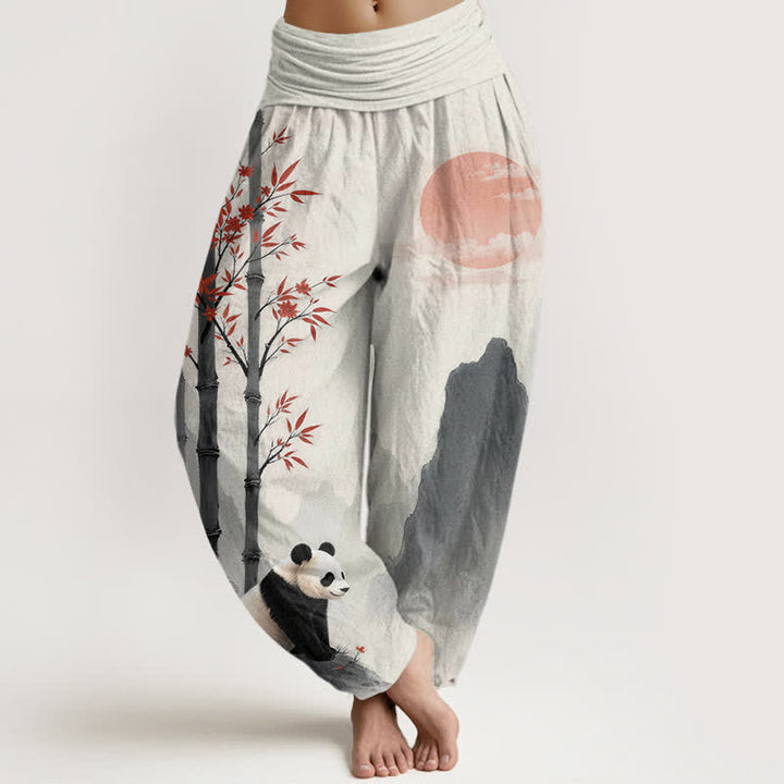 Buddha Stones Dames harembroek met elastische Taille en katoenen inkt bamboe panda-patroon - Beige - US16, UK/AU20, EU48 (3XL) - image 0