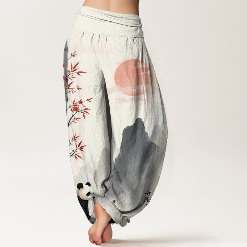 Buddha Stones Dames harembroek met elastische Taille en katoenen inkt bamboe panda-patroon - image 1