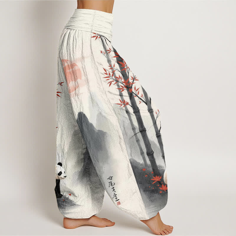 Buddha Stones Dames harembroek met elastische Taille en katoenen inkt bamboe panda-patroon - image 2