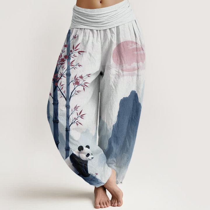 Buddha Stones Dames harembroek met elastische Taille en katoenen inkt bamboe panda-patroon - Witte rook - US16, UK/AU20, EU48 (3XL) - image 5