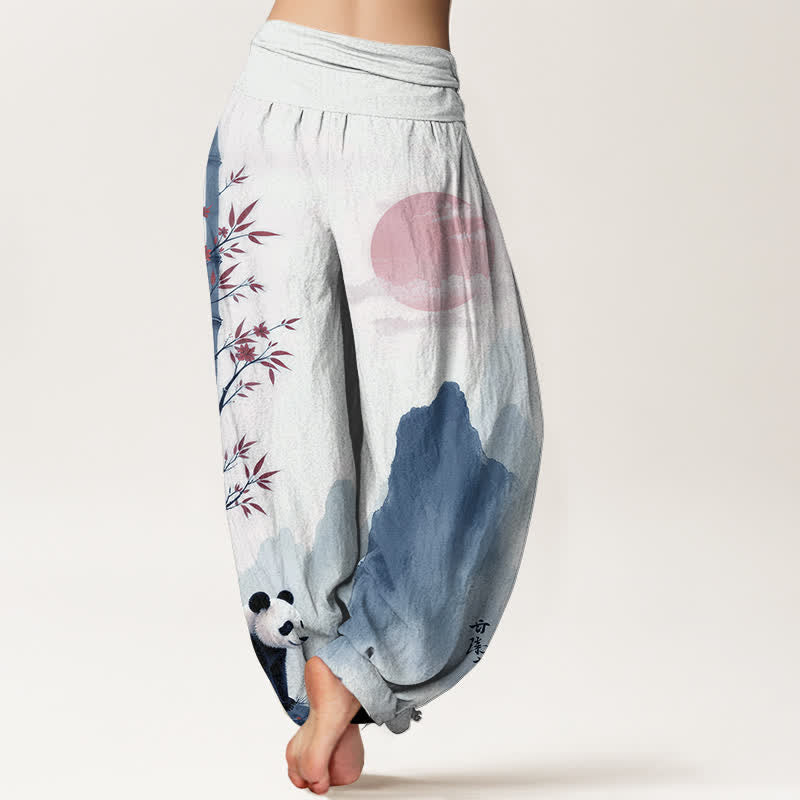 Buddha Stones Dames harembroek met elastische Taille en katoenen inkt bamboe panda-patroon - image 6