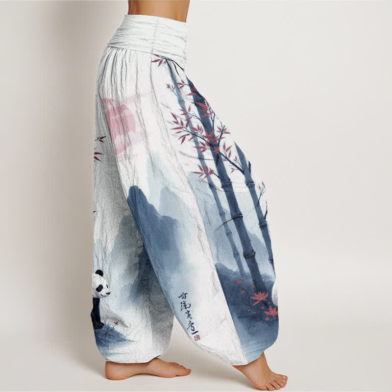 Buddha Stones Dames harembroek met elastische Taille en katoenen inkt bamboe panda-patroon - image 7