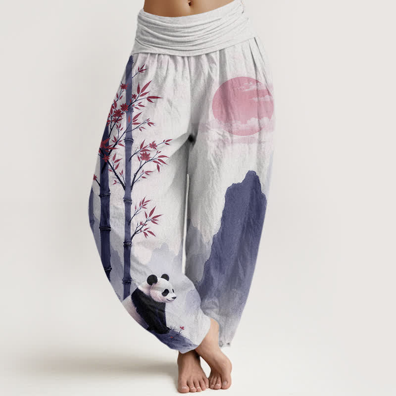 Buddha Stones Dames harembroek met elastische Taille en katoenen inkt bamboe panda-patroon - Wit - US16, UK/AU20, EU48 (3XL) - image 8