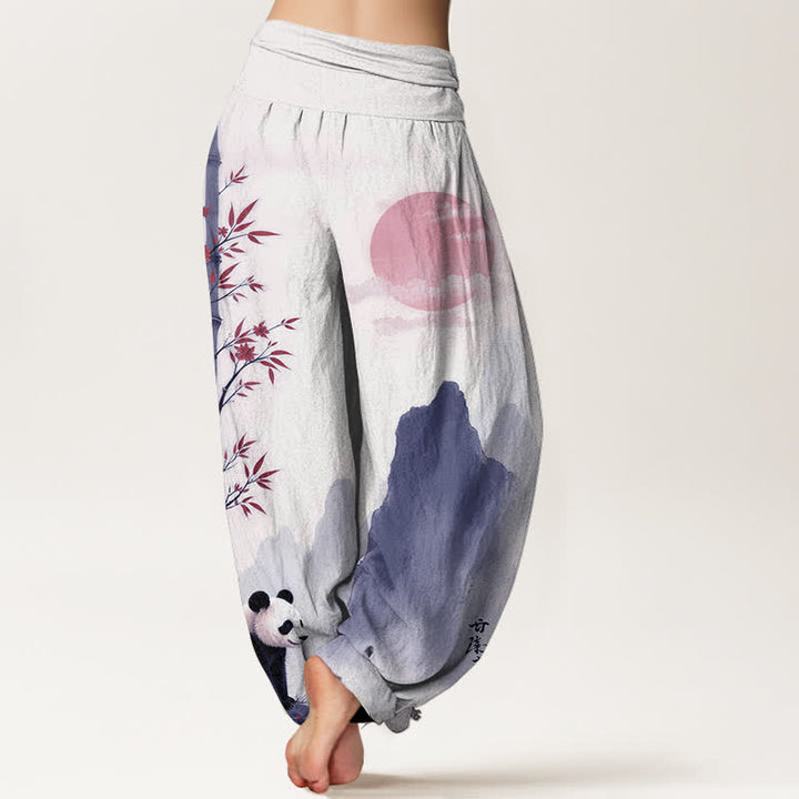 Buddha Stones Dames harembroek met elastische Taille en katoenen inkt bamboe panda-patroon - image 9