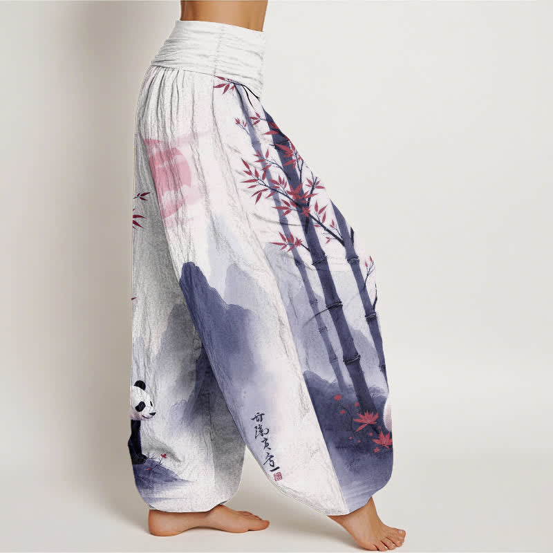 Buddha Stones Dames harembroek met elastische Taille en katoenen inkt bamboe panda-patroon - image 10