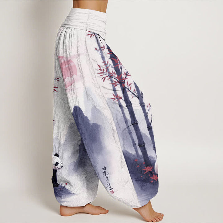 Buddha Stones Dames harembroek met elastische Taille en katoenen inkt bamboe panda-patroon - image 10
