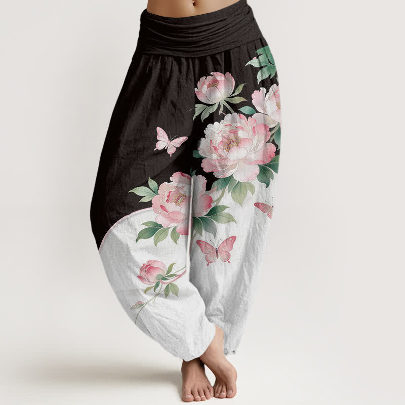 Buddha Stones Harembroek voor dames met elastische Taille en bloemen- en vlinderprint van 100% Cotton - Zwart - US16, UK/AU20, EU48 (3XL) - image 0