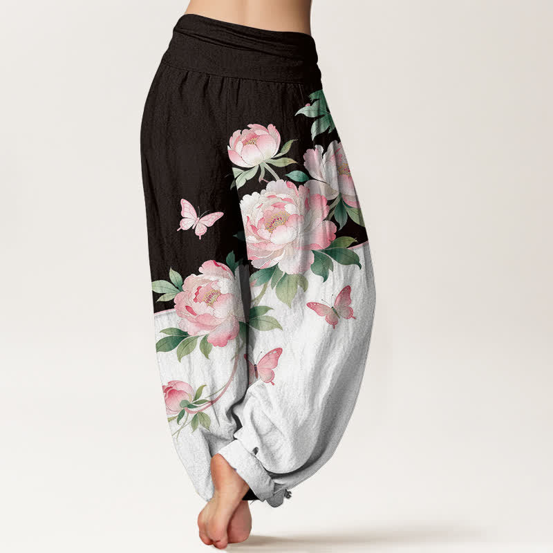 Buddha Stones Harembroek voor dames met elastische Taille en bloemen- en vlinderprint van 100% Cotton - image 1
