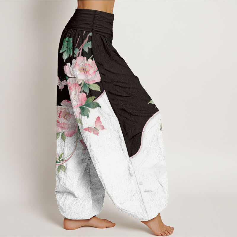 Buddha Stones Harembroek voor dames met elastische Taille en bloemen- en vlinderprint van 100% Cotton - image 2