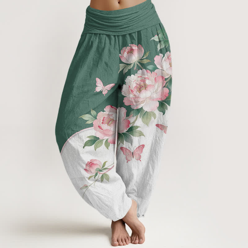 Buddha Stones Harembroek voor dames met elastische Taille en bloemen- en vlinderprint van 100% Cotton - Middelzeegroen - US16, UK/AU20, EU48 (3XL) - image 5