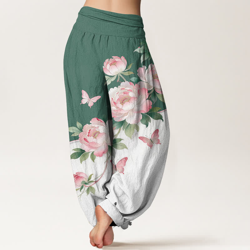 Buddha Stones Harembroek voor dames met elastische Taille en bloemen- en vlinderprint van 100% Cotton - image 6