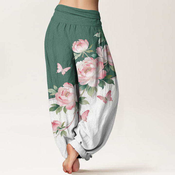 Buddha Stones Harembroek voor dames met elastische Taille en bloemen- en vlinderprint van 100% Cotton - image 6