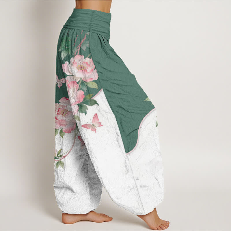Buddha Stones Harembroek voor dames met elastische Taille en bloemen- en vlinderprint van 100% Cotton - image 7