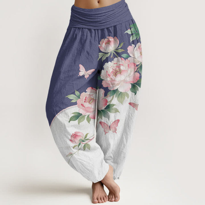 Buddha Stones Harembroek voor dames met elastische Taille en bloemen- en vlinderprint van 100% Cotton - Leisteenblauw - US16, UK/AU20, EU48 (3XL) - image 8