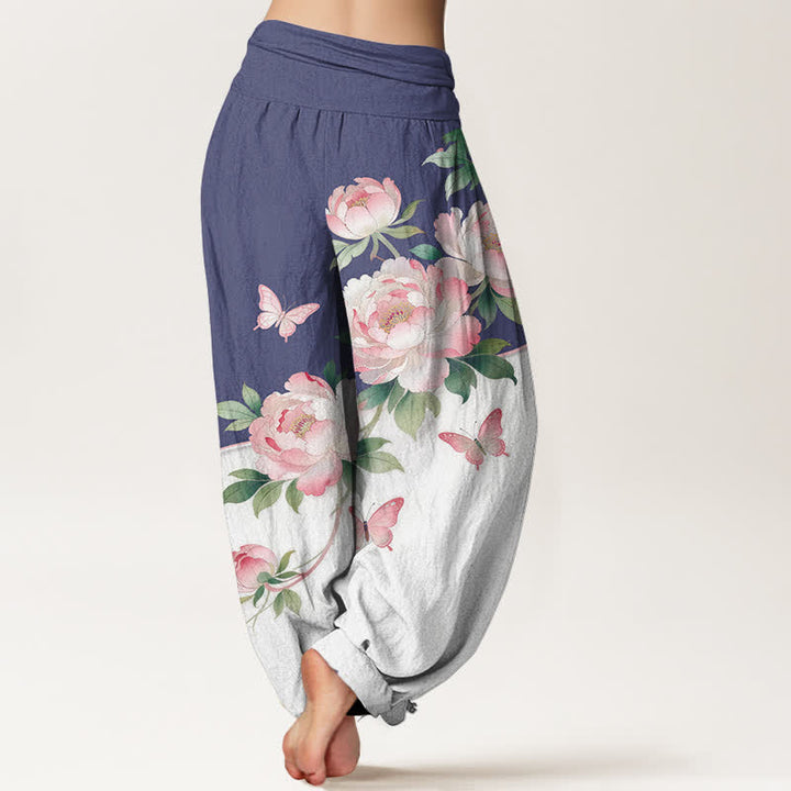 Buddha Stones Harembroek voor dames met elastische Taille en bloemen- en vlinderprint van 100% Cotton - image 9