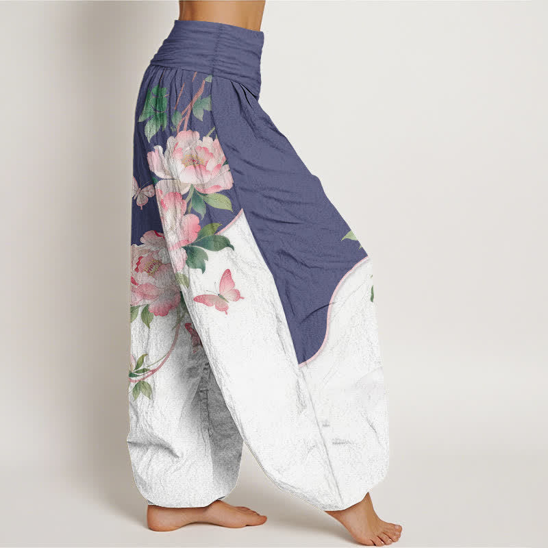 Buddha Stones Harembroek voor dames met elastische Taille en bloemen- en vlinderprint van 100% Cotton - image 10