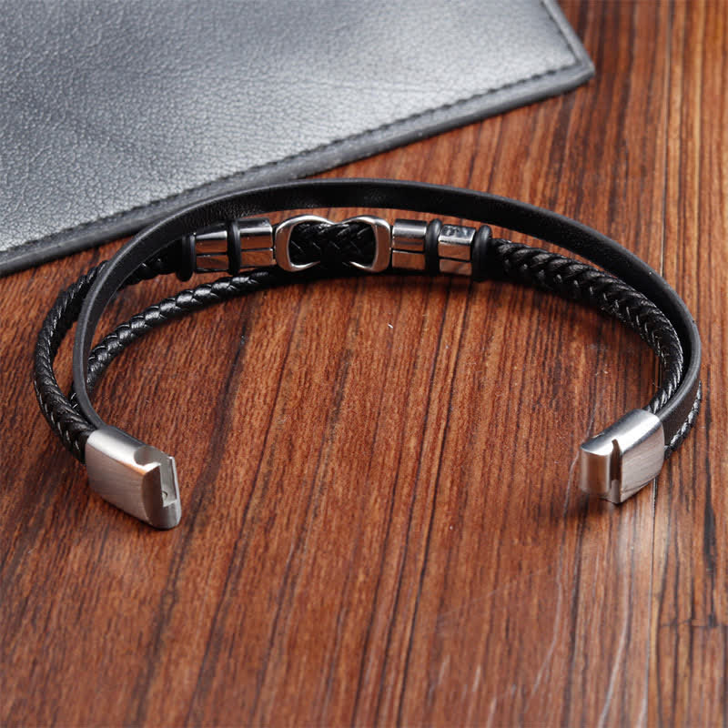 Buddha Stones Zwarte leren herenarmband met titanium en stalen Armband voor extra stevigheid. - image 7