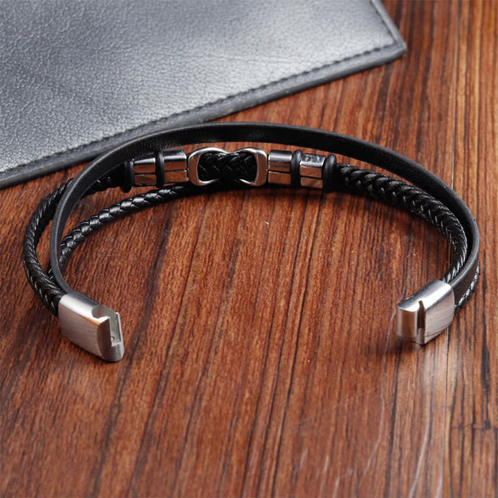 Buddha Stones Zwarte leren herenarmband met titanium en stalen Armband voor extra stevigheid. - image 7