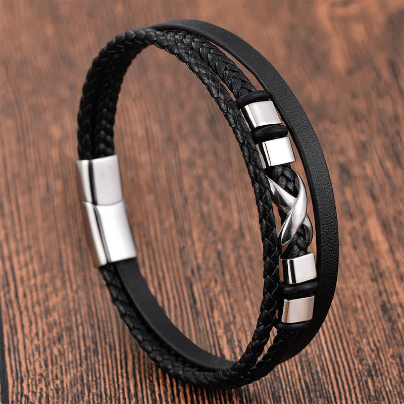 Buddha Stones Zwarte leren herenarmband met titanium en stalen Armband voor extra stevigheid. - image 1