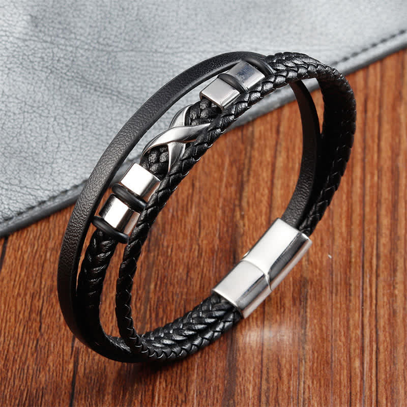 Buddha Stones Zwarte leren herenarmband met titanium en stalen Armband voor extra stevigheid. - image 3