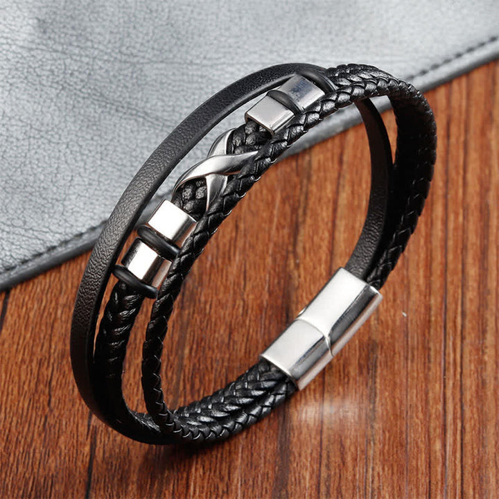 Buddha Stones Zwarte leren herenarmband met titanium en stalen Armband voor extra stevigheid. - image 3