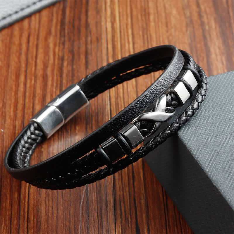 Buddha Stones Zwarte leren herenarmband met titanium en stalen Armband voor extra stevigheid. - image 4