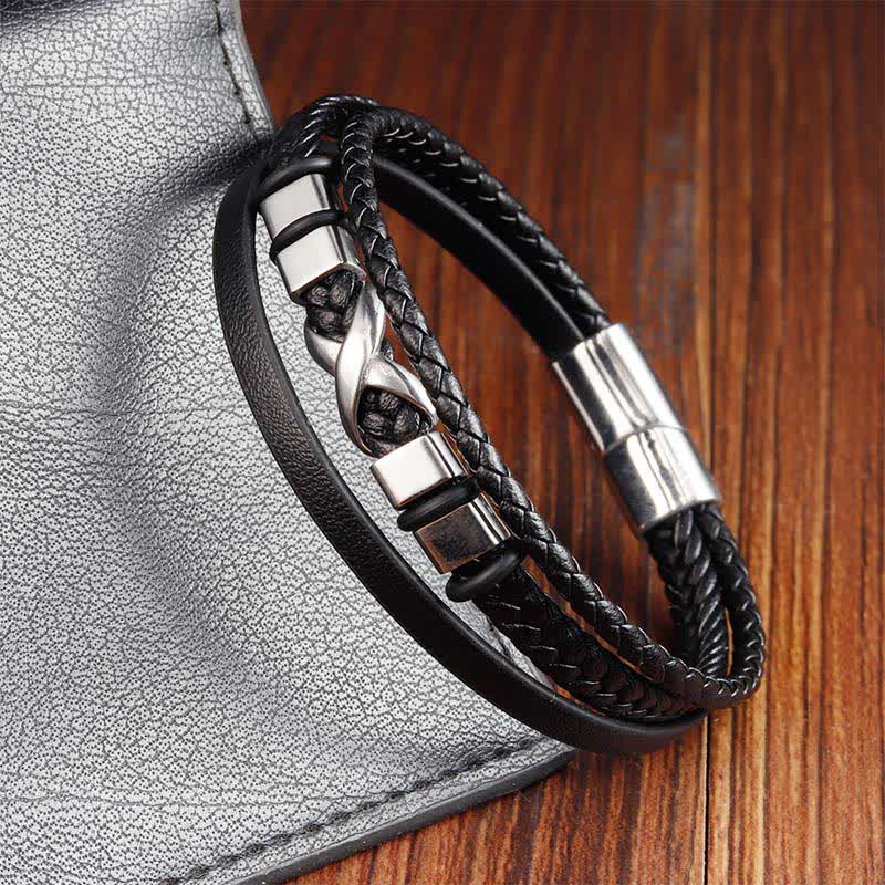 Buddha Stones Zwarte leren herenarmband met titanium en stalen Armband voor extra stevigheid. - image 2