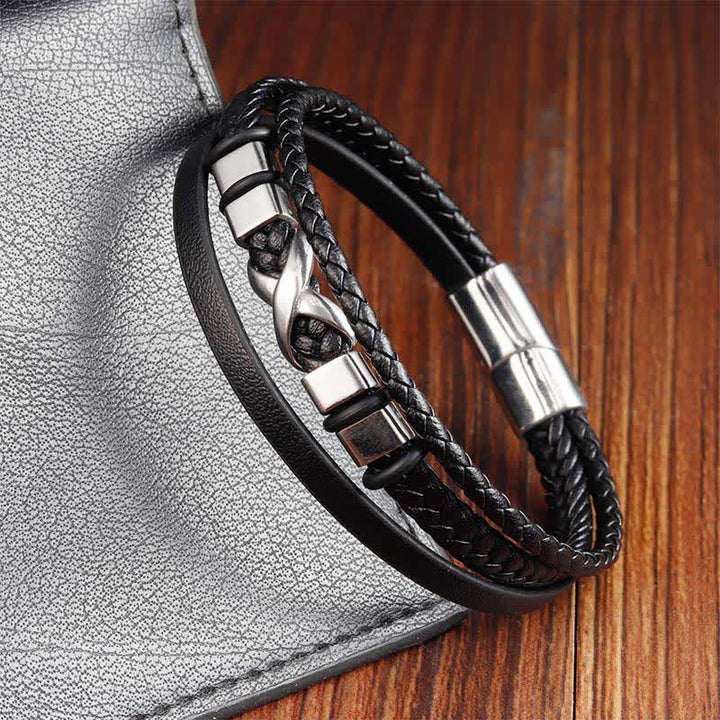 Buddha Stones Zwarte leren herenarmband met titanium en stalen Armband voor extra stevigheid. - image 2