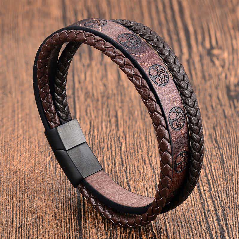 Buddha Stones Gevlochten leren armband met levensboommotief van titaniumstaal - Meerlaags - image 0