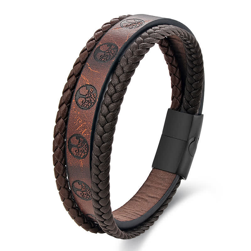 Buddha Stones Gevlochten leren armband met levensboommotief van titaniumstaal - image 1