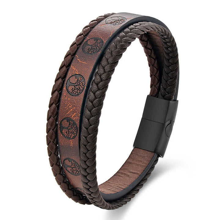 Buddha Stones Gevlochten leren armband met levensboommotief van titaniumstaal - image 1