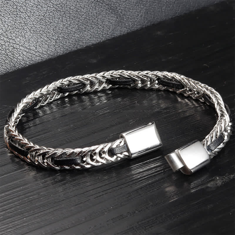 Buddha Stones Zwarte leren gevlochten Armband met dubbele laag van titaniumstaal voor extra duurzaamheid. - image 3