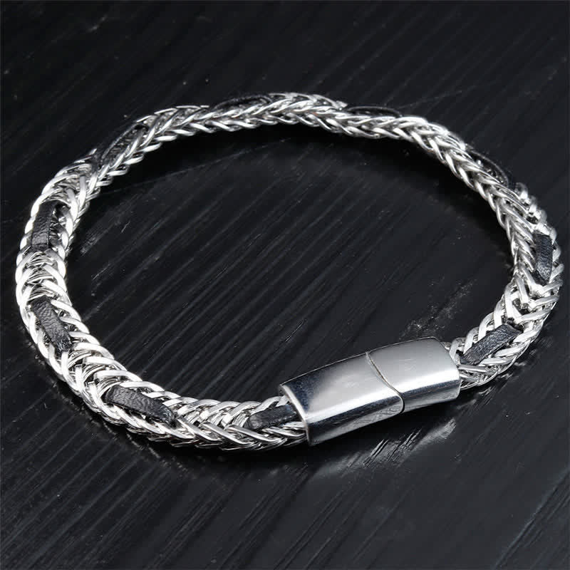 Buddha Stones Zwarte leren gevlochten Armband met dubbele laag van titaniumstaal voor extra duurzaamheid. - image 2