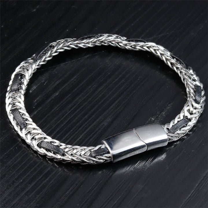 Buddha Stones Zwarte leren gevlochten Armband met dubbele laag van titaniumstaal voor extra duurzaamheid. - image 2