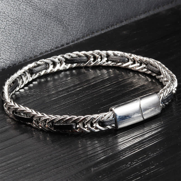 Buddha Stones Zwarte leren gevlochten Armband met dubbele laag van titaniumstaal voor extra duurzaamheid. - image 1