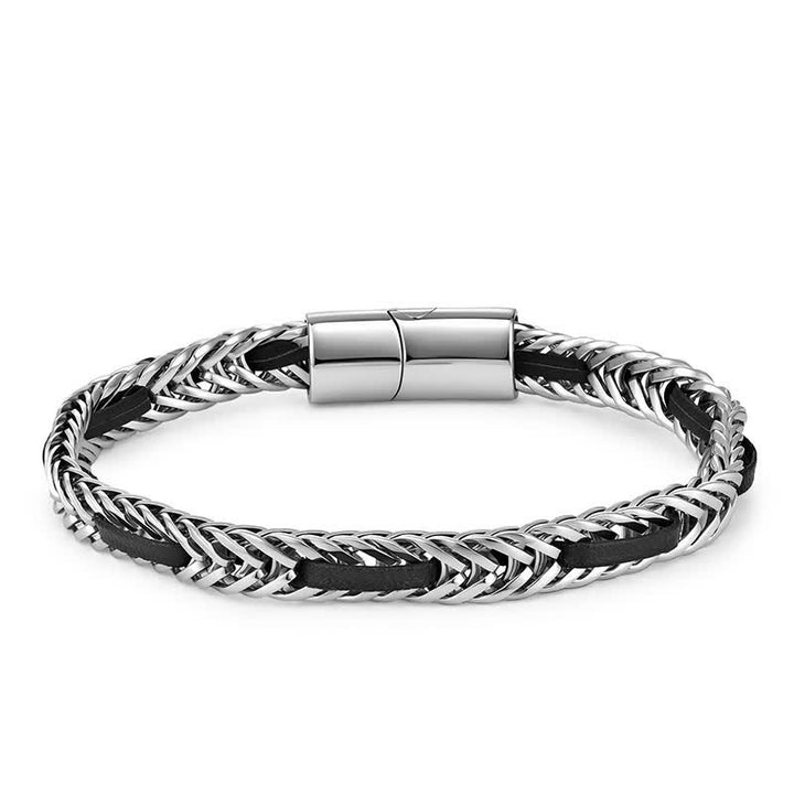 Buddha Stones Zwarte leren gevlochten Armband met dubbele laag van titaniumstaal voor extra duurzaamheid. - image 7
