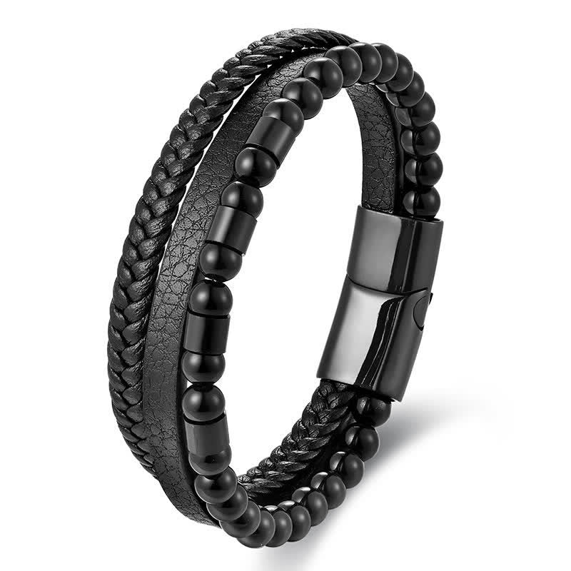 Buddha Stones Zwarte leren, stevige, dubbellaagse gevlochten Armband - Zwart - image 0