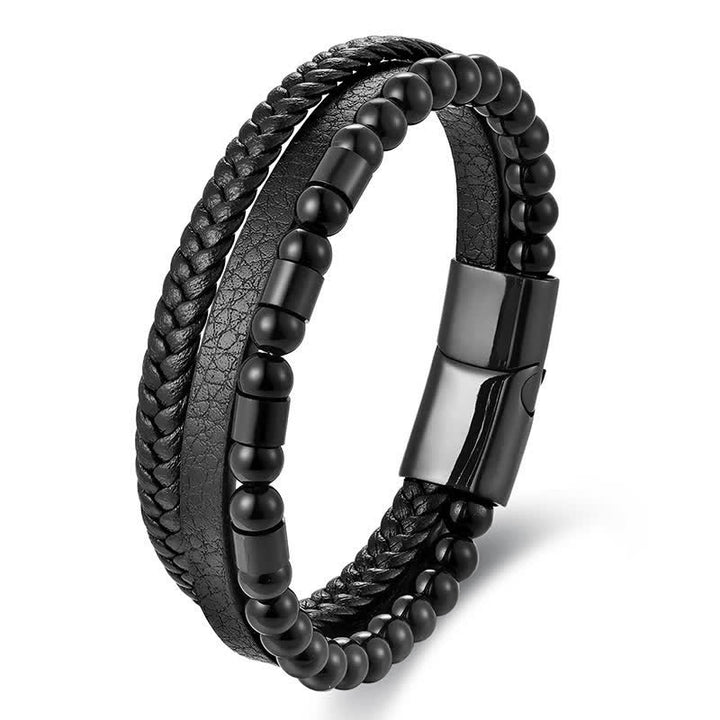 Buddha Stones Zwarte leren, stevige, dubbellaagse gevlochten Armband - Zwart - image 0