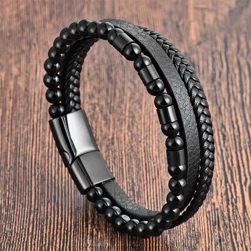 Buddha Stones Zwarte leren, stevige, dubbellaagse gevlochten Armband - image 1
