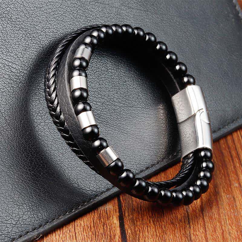 Buddha Stones Zwarte leren, stevige, dubbellaagse gevlochten Armband - image 10