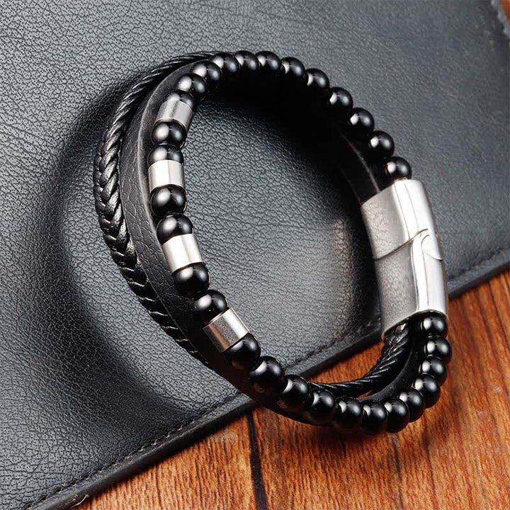 Buddha Stones Zwarte leren, stevige, dubbellaagse gevlochten Armband - image 10