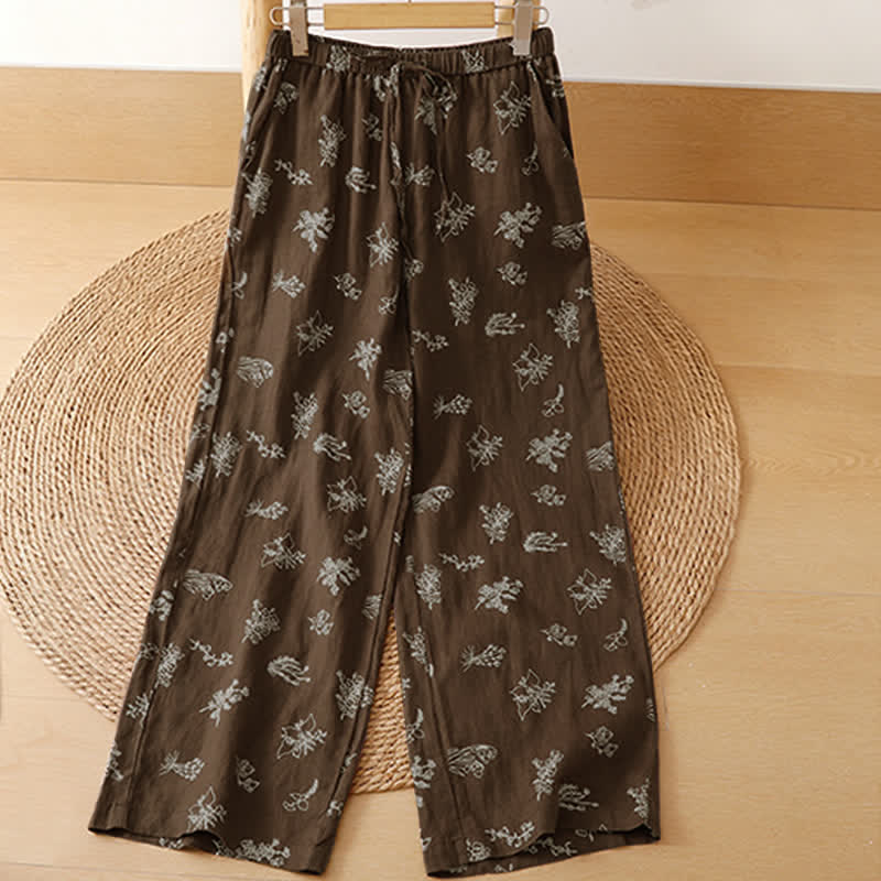 Buddha Stones Zomerse casual vintage broek met trekkoord en bloemenprint, Enkellengte broek met wijde pijpen en zakken voor dames. - image 1