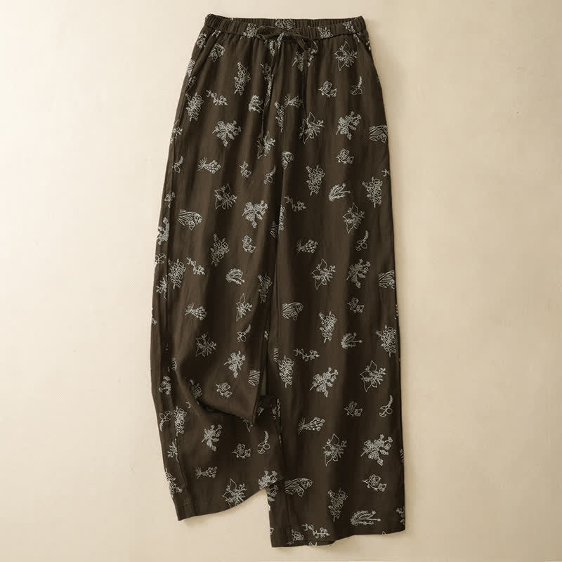 Buddha Stones Zomerse casual vintage broek met trekkoord en bloemenprint, Enkellengte broek met wijde pijpen en zakken voor dames. - Zadelbruin - US8-10, UK/AU12-14, EU40-42 (2XL) - image 0