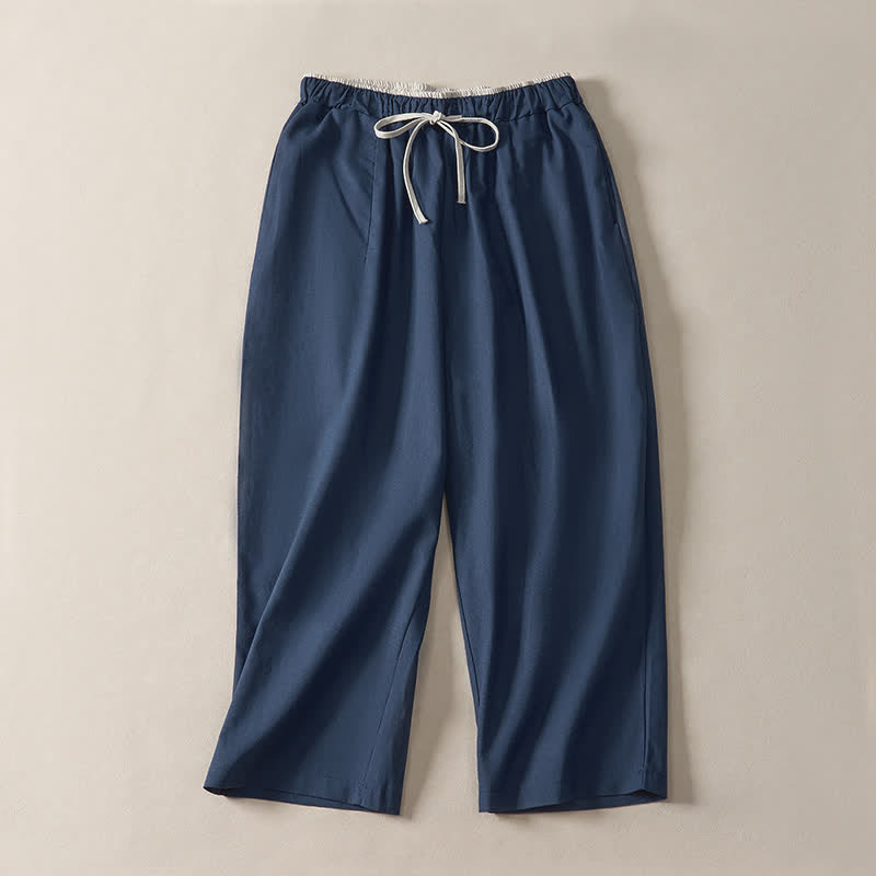 Buddha Stones Zomerse casual minimalistische Cropped broek met trekkoord, effen model, harembroek voor dames met zakken - Donker leisteenblauw - US8-10, UK/AU12-14, EU40-42 (2XL) - image 0