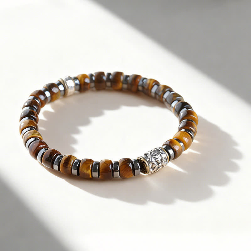 Buddha Stones Armband met antieke zilveren leeuwenkralen van natuurlijke tijgeroog. - image 1
